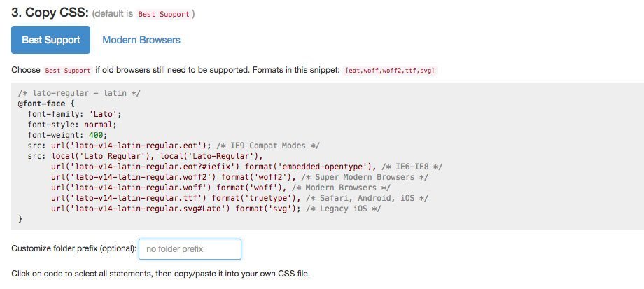 Der vom Werkzeug erzeugte CSS-Block mit der font-face-Regel für Lato und dem leer gelassenen Feld für den Ordner-Präfix