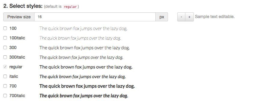 Auswahl der Schriftschnitte im google-webfonts-helper, von 100 bis 700 italic, mit gesetztem Haken bei regular