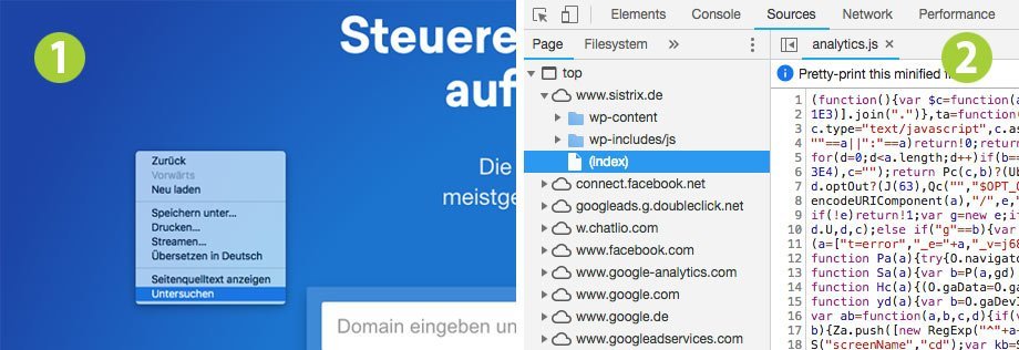 Zwei Schritte im Browser: links das Kontextmenü mit dem Eintrag Untersuchen, rechts die Entwicklerwerkzeuge mit der Liste der geladenen Domains