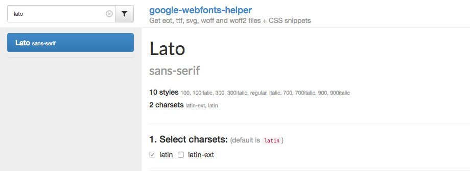 Das Werkzeug google-webfonts-helper mit der Suche nach der Schriftart Lato und der Auswahl der Zeichensätze