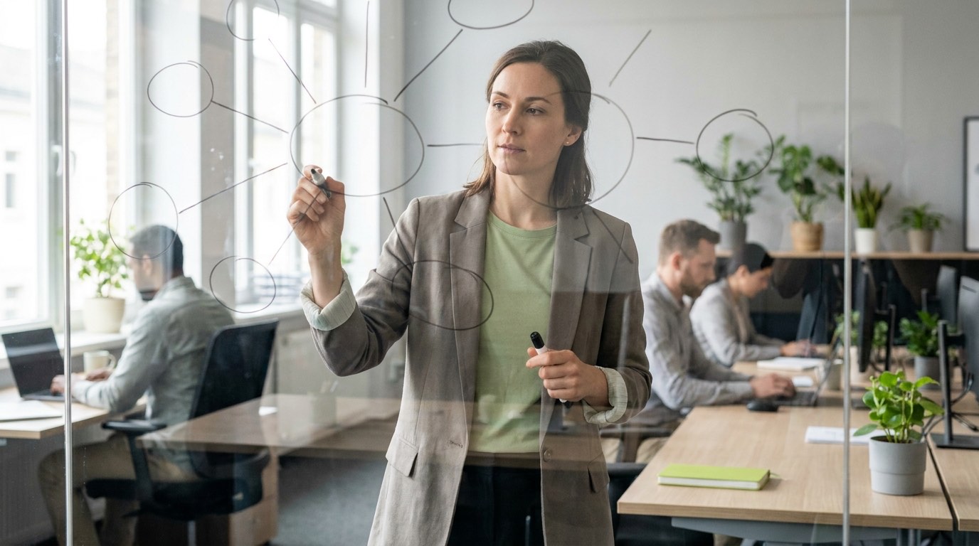 Person plant eine Topic-Cluster-Struktur mit Pillar Page und Cluster-Artikeln an einem Whiteboard