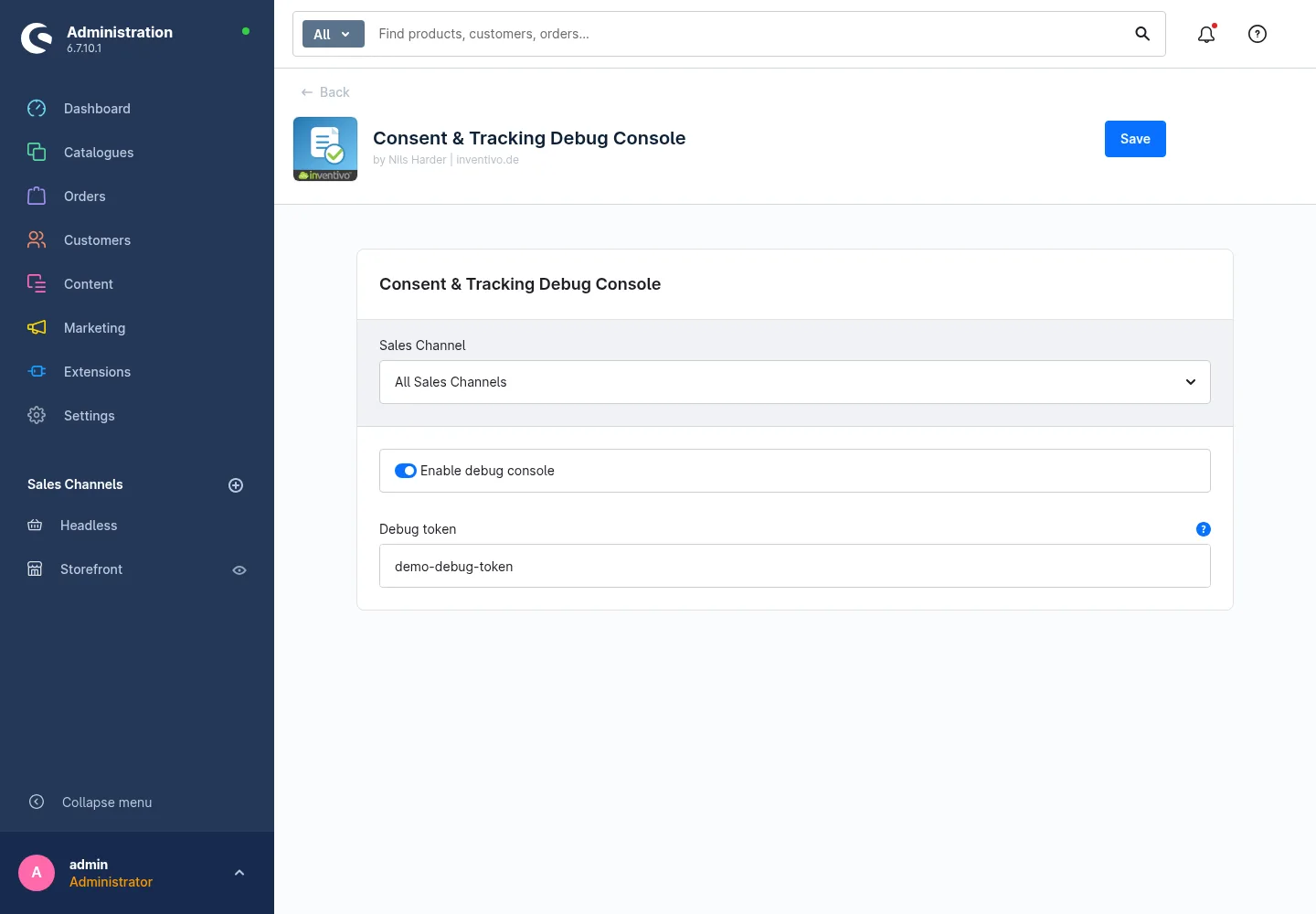 Konfiguration der Consent und Tracking Debug Console in der Shopware-Administration, mit inventivo als Hersteller in der Kopfzeile