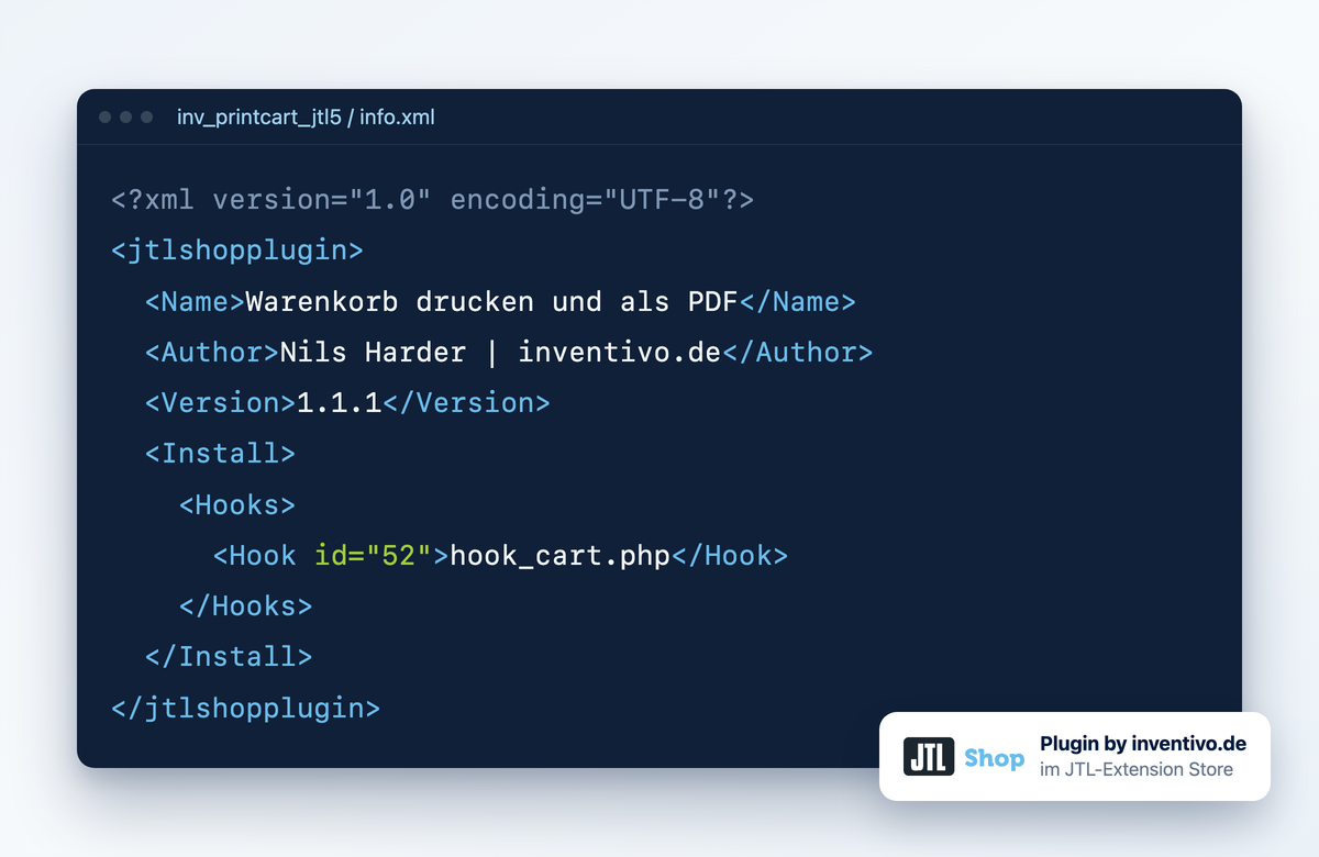 Auszug aus der info.xml eines JTL-Shop-Plugins von inventivo.de mit Hook auf den Warenkorb